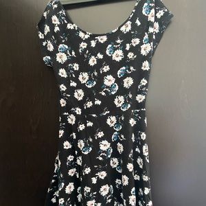 Black dress with white and blue flower pattern